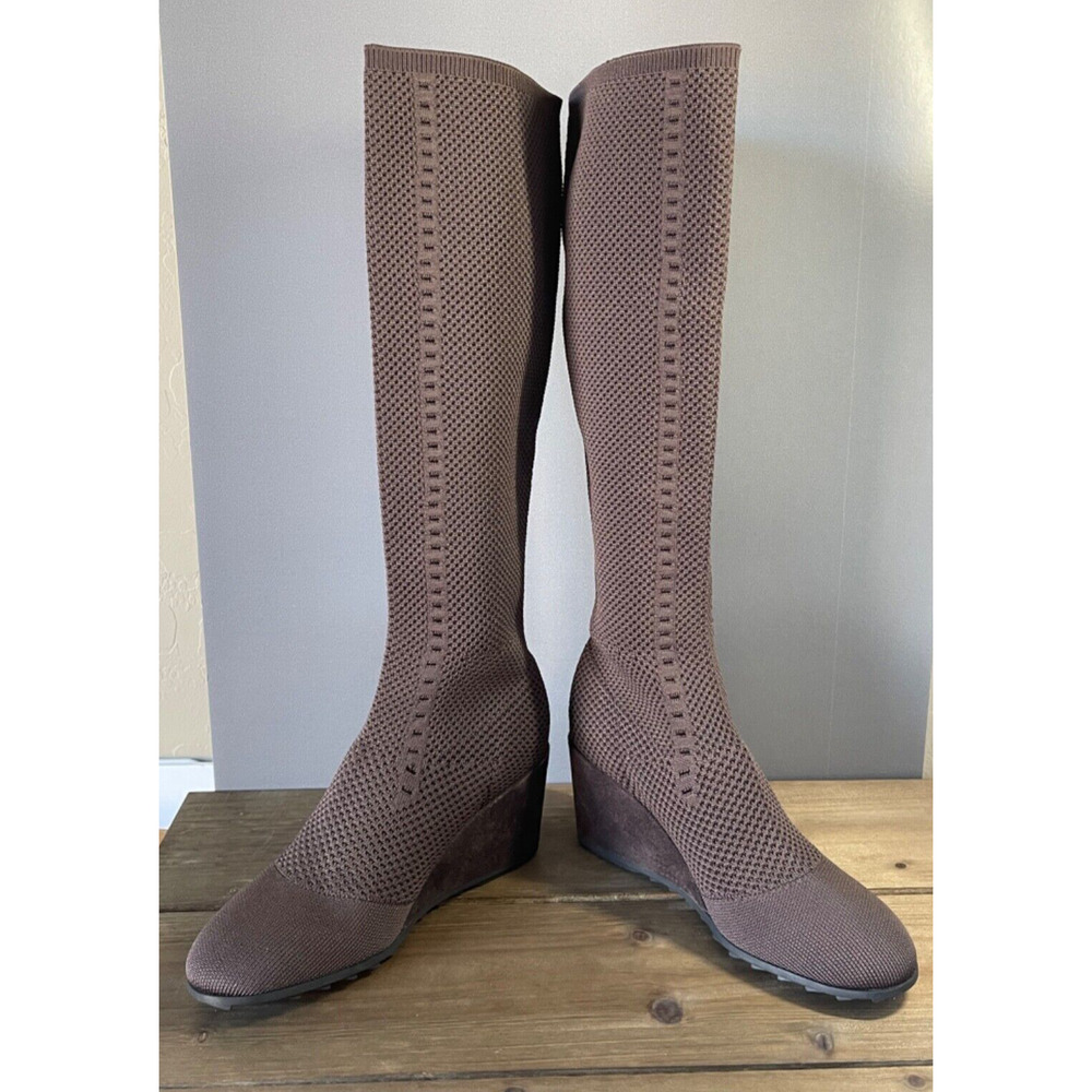 Elegant Brown Knit Knee-High Wedge Boots - Picture 6 of 10